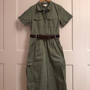 Olive Green Utility Wide-Leg Jumpsuit with Belt – Short Sleeve Cargo Style